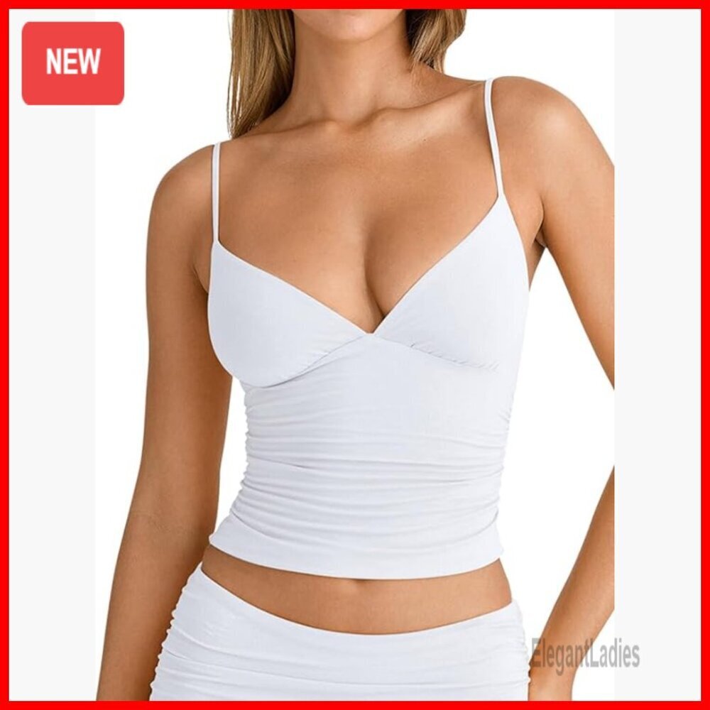 Women's V-Neck Ruched Cami Crop Top Spaghetti Straps Fitted Double Layer